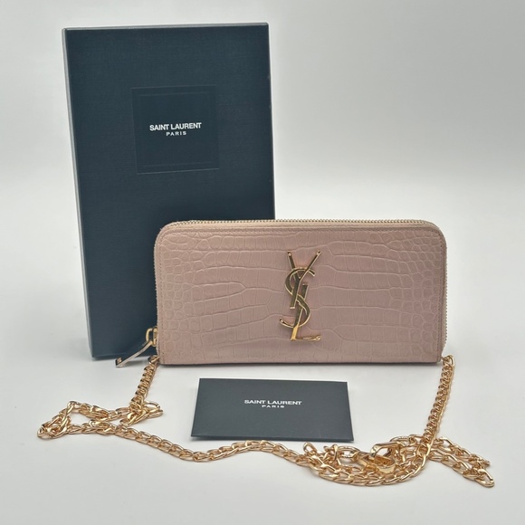 Authentic YSL Crocodile Embossed Full Zip Wallet w/ Crossbody Kit & Gift Box - Picture 1 of 15
